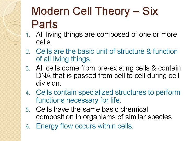 Modern Cell Theory – Six Parts 1. 2. 3. 4. 5. 6. All living