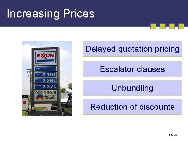 Increasing Prices Delayed quotation pricing Escalator clauses Unbundling Reduction of discounts 14 -26 Increasing Prices Delayed quotation pricing Escalator clauses Unbundling Reduction of discounts 14 -26