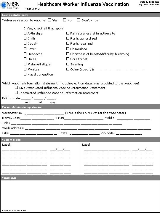 Healthcare Worker Influenza Vaccination OMB No. 0920 -0666 Exp. Date: xx-xx-xxxx Page 2 of