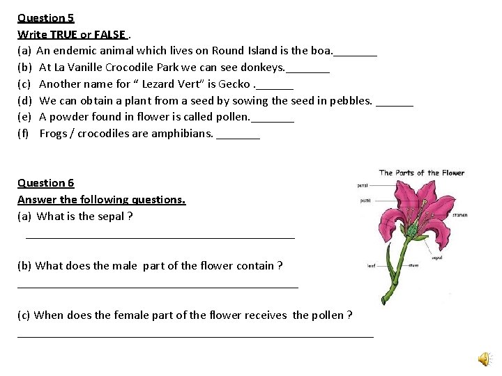 Question 5 Write TRUE or FALSE. (a) An endemic animal which lives on Round