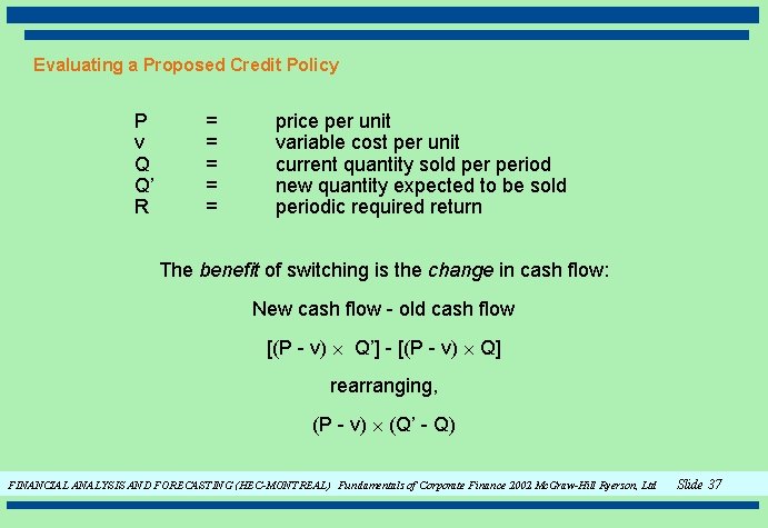 Evaluating a Proposed Credit Policy P v Q Q’ R = = = price