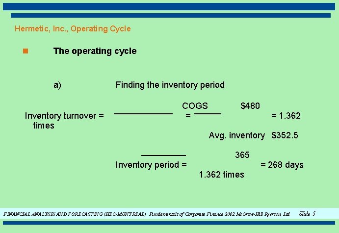Hermetic, Inc. , Operating Cycle n The operating cycle a) Inventory turnover = times