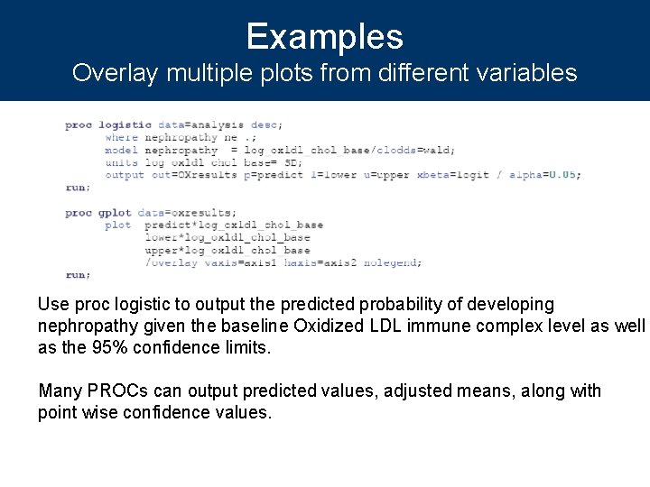 Examples Overlay multiple plots from different variables Use proc logistic to output the predicted