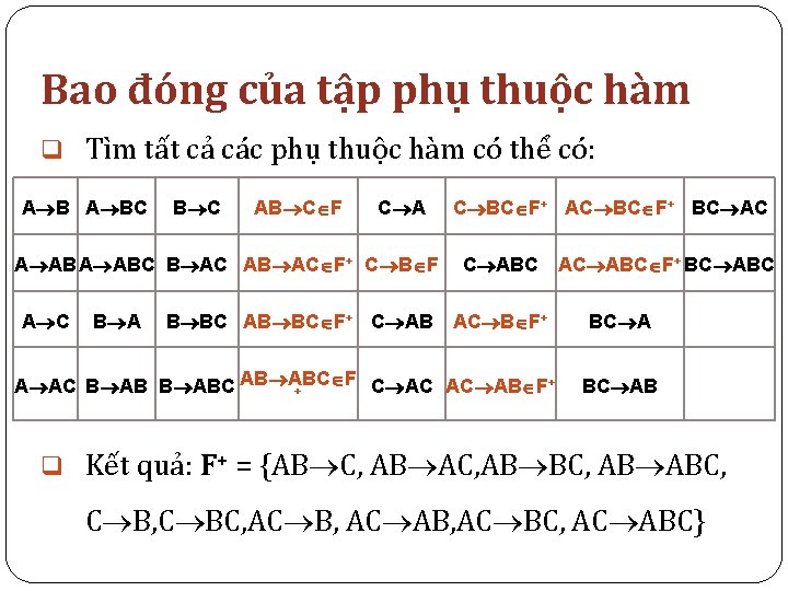 Bao đóng của tập phụ thuộc hàm q Tìm tất cả các phụ thuộc