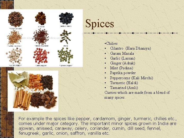 Spices • Chilies • Cilantro (Hara Dhaniya) • Garam Masala • Garlic (Lassan) •