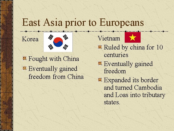 East Asia prior to Europeans Korea Fought with China Eventually gained freedom from China