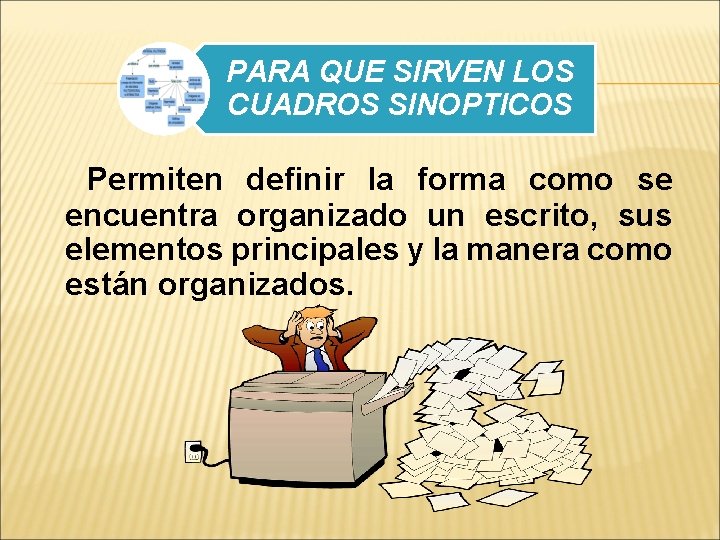 PARA QUE SIRVEN LOS CUADROS SINOPTICOS Permiten definir la forma como se encuentra organizado