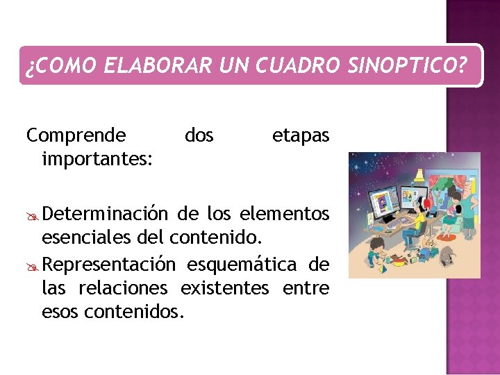 ¿COMO ELABORAR UN CUADRO SINOPTICO? Comprende importantes: Determinación dos etapas de los elementos esenciales