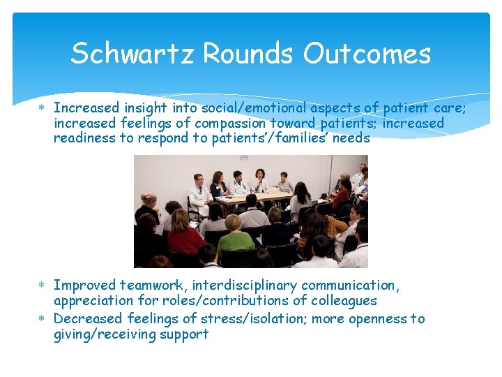 Schwartz Rounds Outcomes Increased insight into social/emotional aspects of patient care; increased feelings of