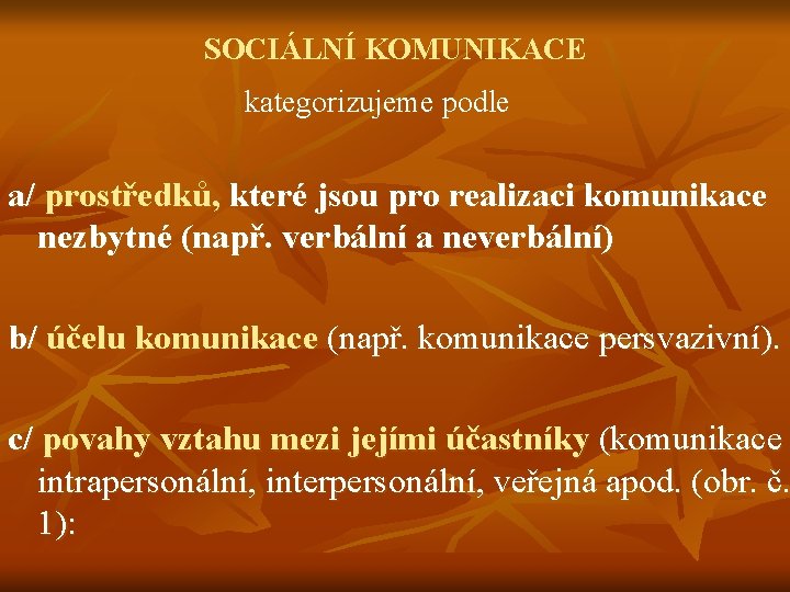 SOCIÁLNÍ KOMUNIKACE kategorizujeme podle a/ prostředků, které jsou pro realizaci komunikace nezbytné (např. verbální