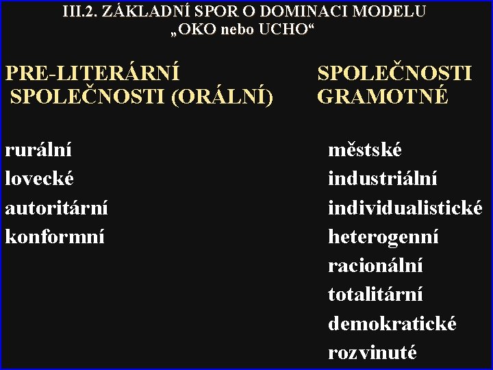 III. 2. ZÁKLADNÍ SPOR O DOMINACI MODELU „OKO nebo UCHO“ PRE-LITERÁRNÍ SPOLEČNOSTI (ORÁLNÍ) rurální