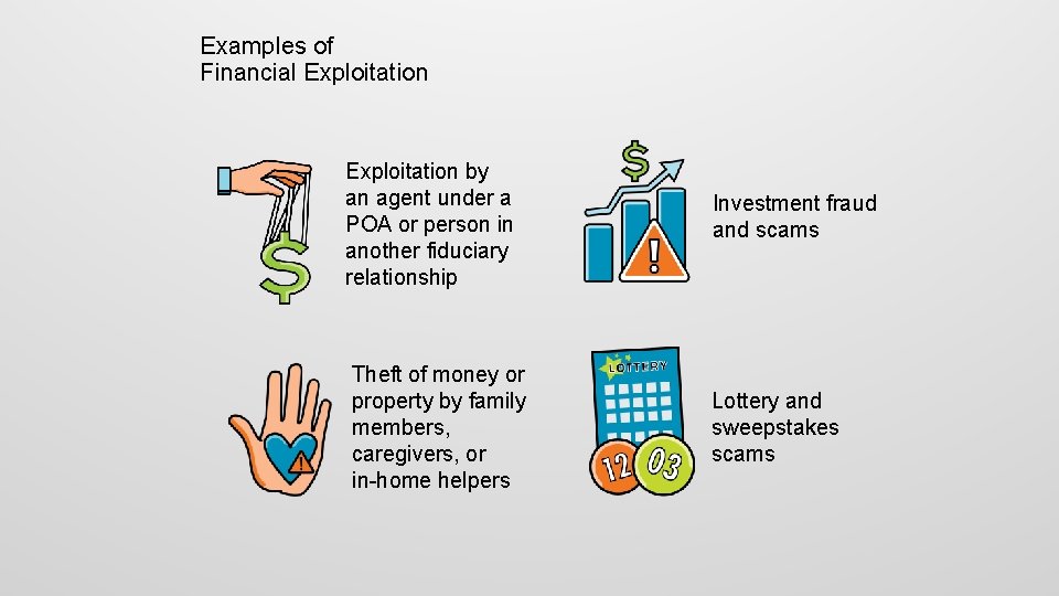 Examples of Financial Exploitation by an agent under a POA or person in another
