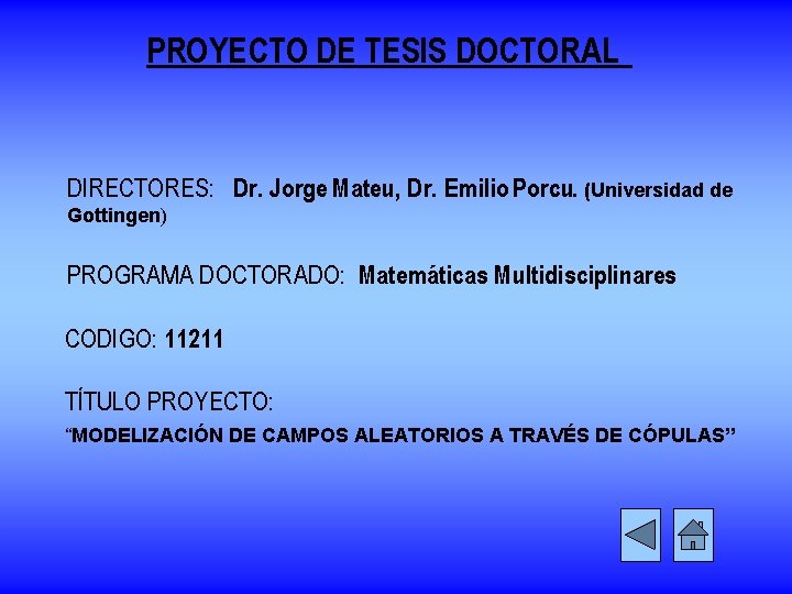 PROYECTO DE TESIS DOCTORAL DIRECTORES: Dr. Jorge Mateu, Dr. Emilio Porcu. (Universidad de Gottingen)