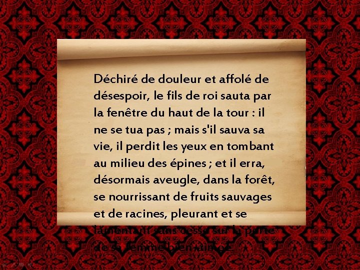 Déchiré de douleur et affolé de désespoir, le fils de roi sauta par la