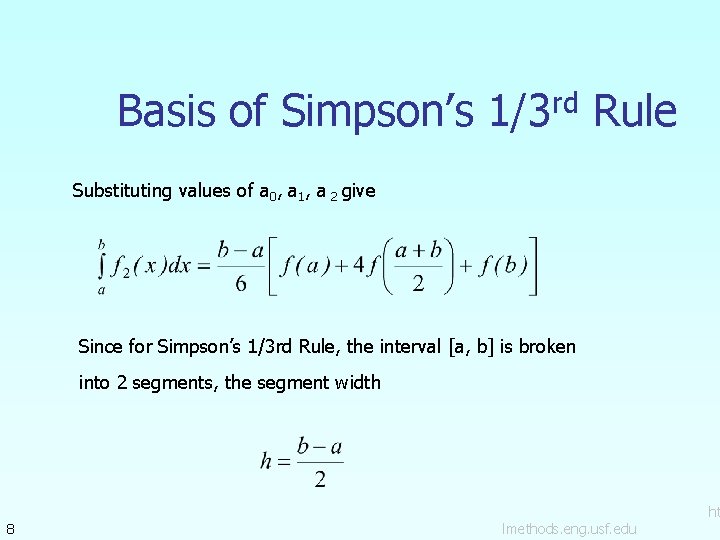 Basis of Simpson’s 1/3 rd Rule Substituting values of a 0, a 1, a