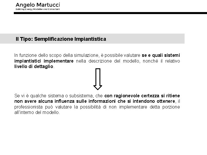 II Tipo: Semplificazione Impiantistica In funzione dello scopo della simulazione, è possibile valutare se