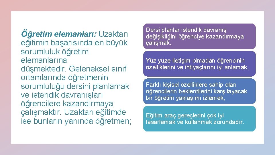 Öğretim elemanları: Uzaktan eğitimin başarısında en büyük sorumluluk öğretim elemanlarına düşmektedir. Geleneksel sınıf ortamlarında