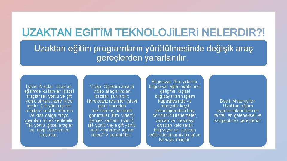 Uzaktan eğitim programların yürütülmesinde değişik araç gereçlerden yararlanılır. İşitsel Araçlar: Uzaktan eğitimde kullanılan işitsel