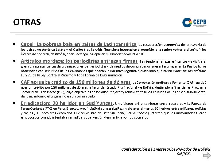 OTRAS • Cepal: La pobreza baja en países de Latinoamérica. La recuperación económica de