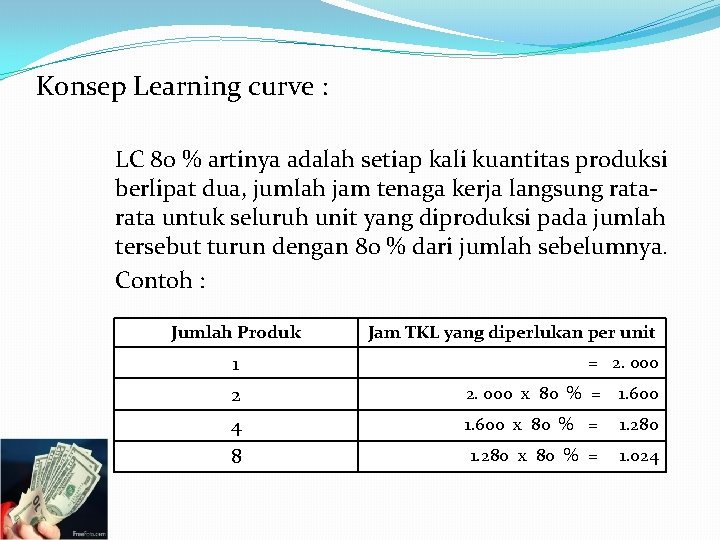 Konsep Learning curve : LC 80 % artinya adalah setiap kali kuantitas produksi berlipat