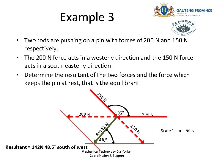 Example 3 • Two rods are pushing on a pin with forces of 200