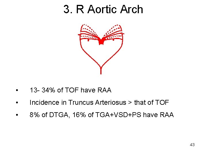 3. R Aortic Arch • 13 - 34% of TOF have RAA • Incidence