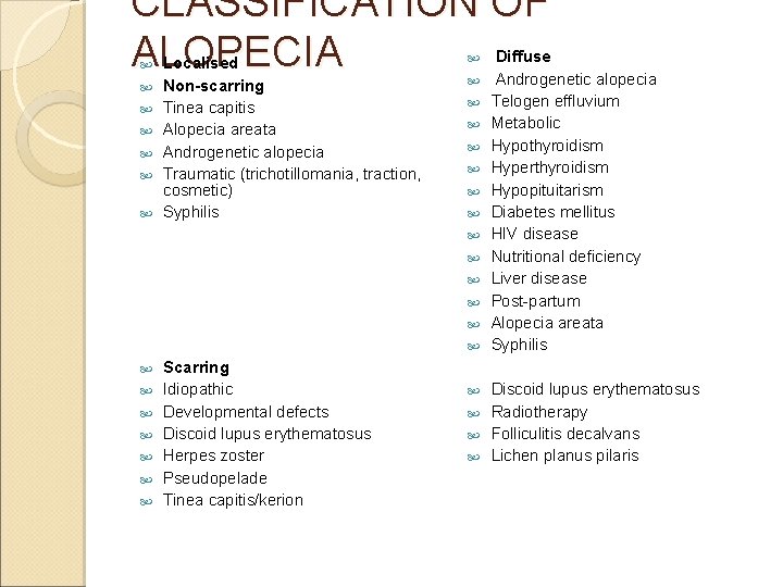 CLASSIFICATION OF ALOPECIA Localised Non-scarring Tinea capitis Alopecia areata Androgenetic alopecia Traumatic (trichotillomania, traction,