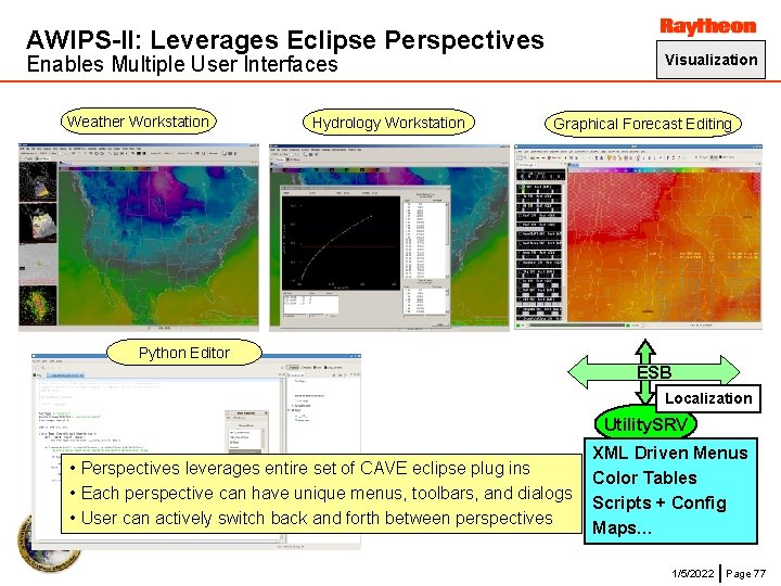 AWIPS-II: Leverages Eclipse Perspectives Visualization Enables Multiple User Interfaces Weather Workstation Hydrology Workstation Graphical