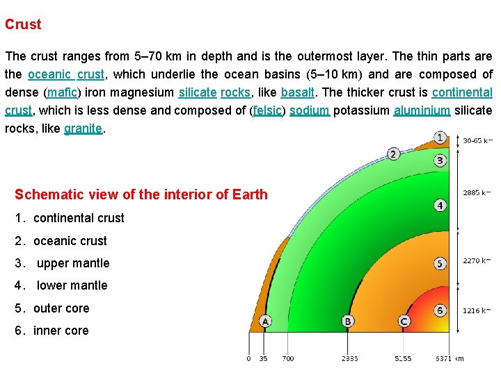 Crust The crust ranges from 5– 70 km in depth and is the outermost