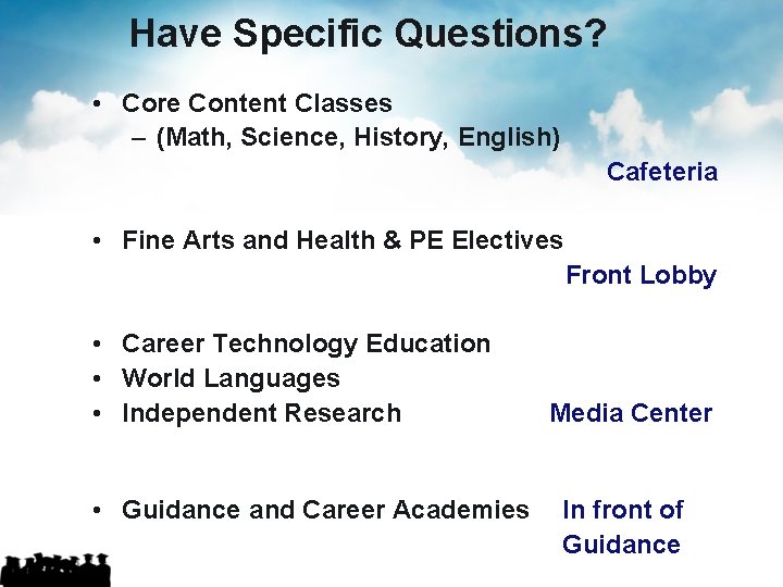 Have Specific Questions? • Core Content Classes – (Math, Science, History, English) Cafeteria • Have Specific Questions? • Core Content Classes – (Math, Science, History, English) Cafeteria •