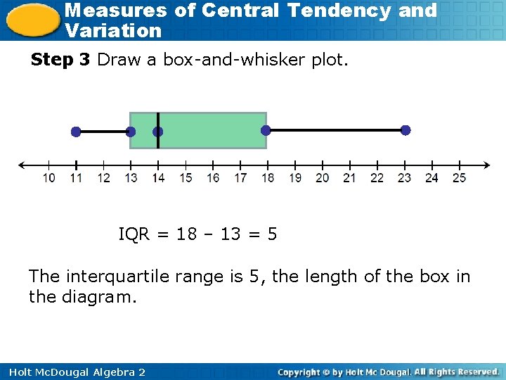 Measures of Central Tendency and Variation Step 3 Draw a box-and-whisker plot. IQR =