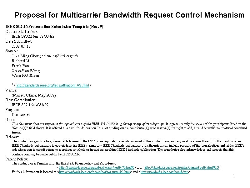 Proposal for Multicarrier Bandwidth Request Control Mechanism IEEE