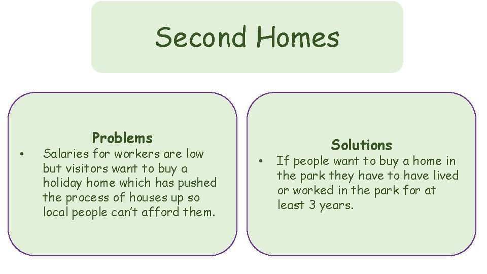 Second Homes • Problems Salaries for workers are low but visitors want to buy