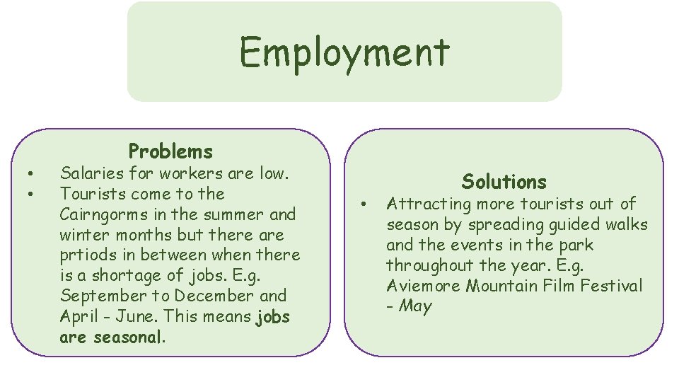 Employment • • Problems Salaries for workers are low. Tourists come to the Cairngorms