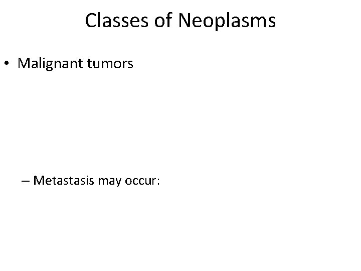 Classes of Neoplasms • Malignant tumors – Metastasis may occur: 