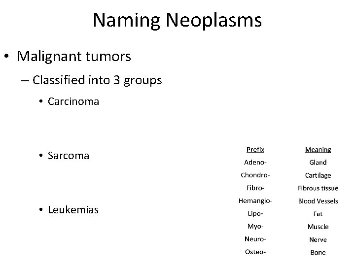 Naming Neoplasms • Malignant tumors – Classified into 3 groups • Carcinoma • Sarcoma