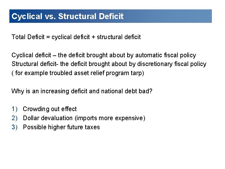 Cyclical vs. Structural Deficit Total Deficit = cyclical deficit + structural deficit Cyclical deficit