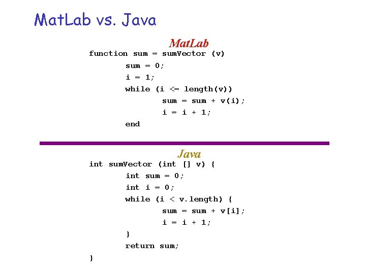 Mat. Lab vs. Java Mat. Lab function sum = sum. Vector (v) sum =