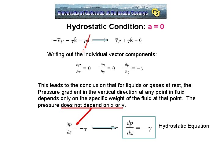 Hydrostatic Condition: a = 0 0 Writing out the individual vector components: This leads Hydrostatic Condition: a = 0 0 Writing out the individual vector components: This leads