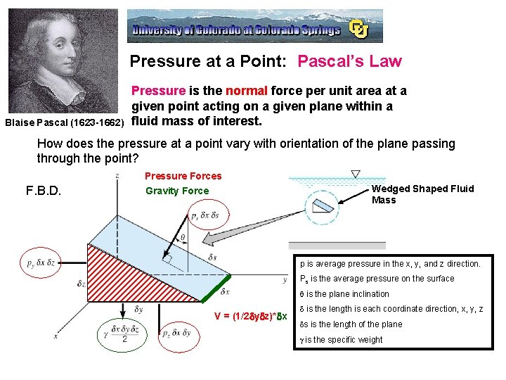 Pressure at a Point: Pascal’s Law Blaise Pascal (1623 -1662) Pressure is the normal