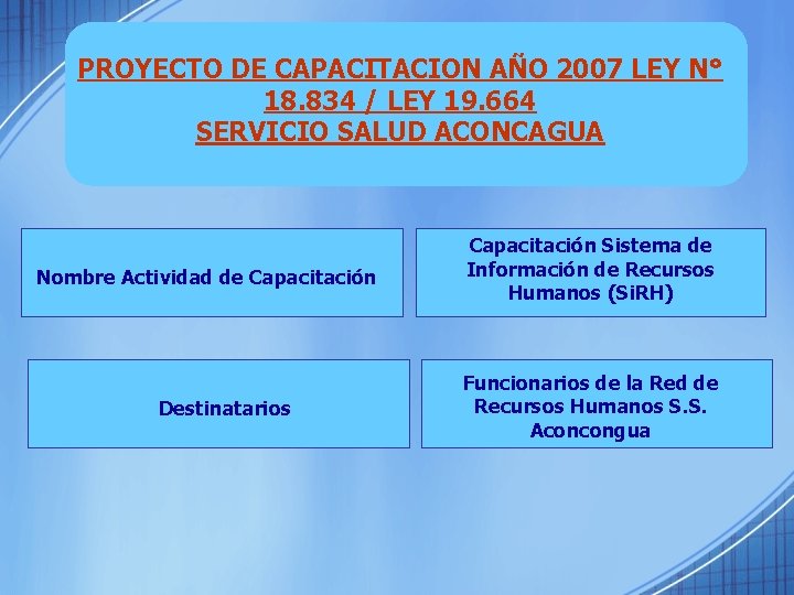 PROYECTO DE CAPACITACION AÑO 2007 LEY N° 18. 834 / LEY 19. 664 SERVICIO