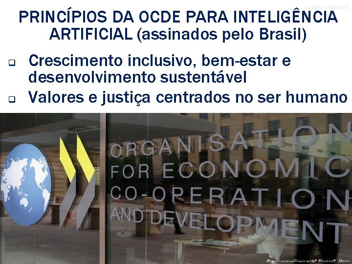 Andrea Willemin PRINCÍPIOS DA OCDE PARA INTELIGÊNCIA ARTIFICIAL (assinados pelo Brasil) q Crescimento inclusivo,
