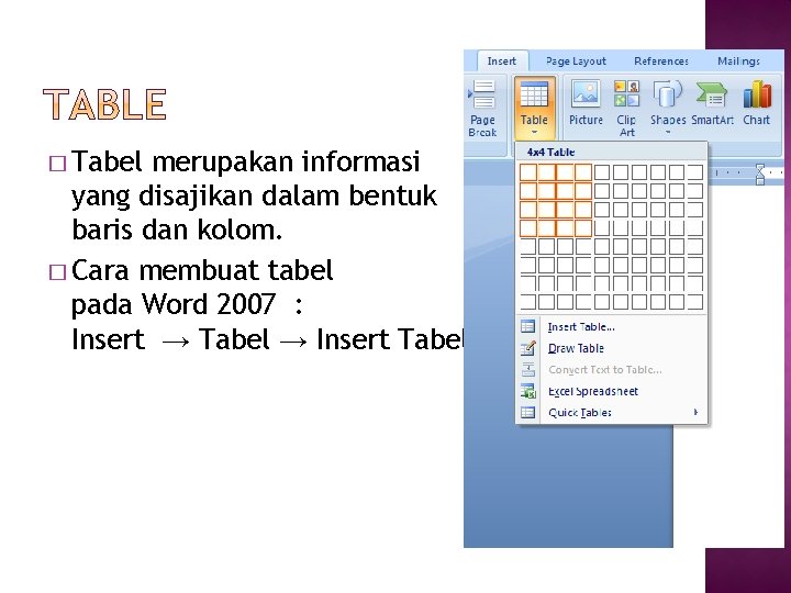 � Tabel merupakan informasi yang disajikan dalam bentuk baris dan kolom. � Cara membuat