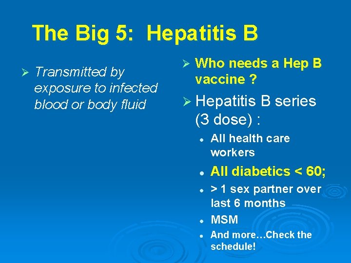 The Big 5: Hepatitis B Ø Transmitted by exposure to infected blood or body