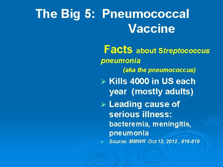 The Big 5: Pneumococcal Vaccine Facts about Streptococcus pneumonia (aka the pneumococcus) Kills 4000
