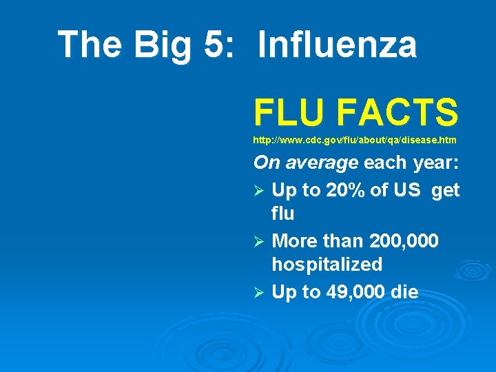 The Big 5: Influenza FLU FACTS http: //www. cdc. gov/flu/about/qa/disease. htm On average each