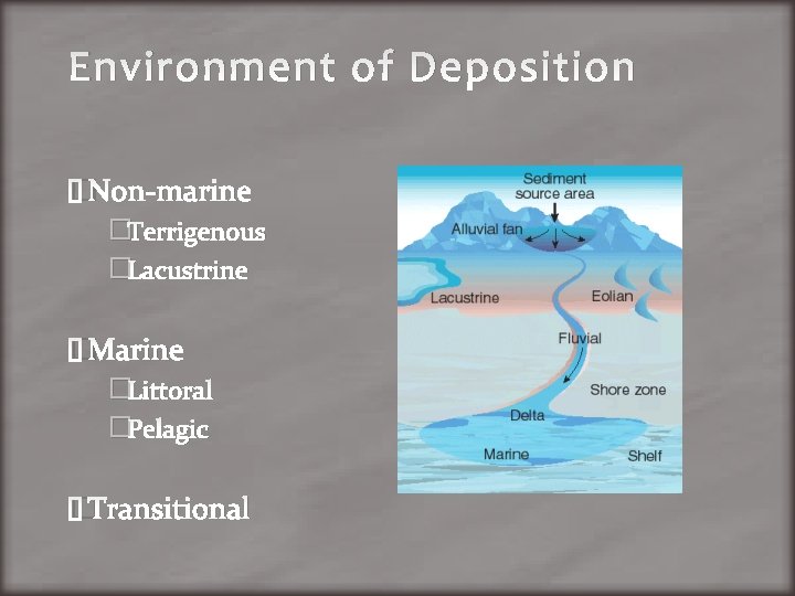 Environment of Deposition �Non-marine �Terrigenous �Lacustrine �Marine �Littoral �Pelagic �Transitional 