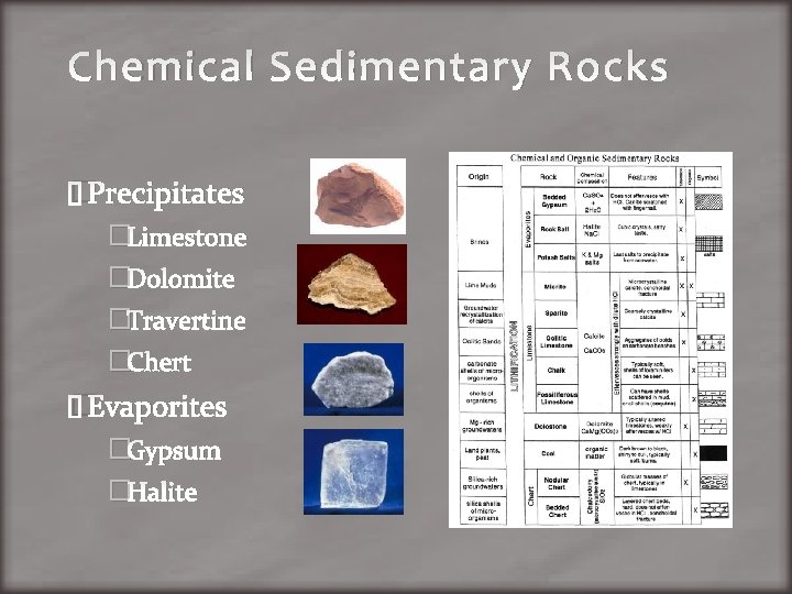Chemical Sedimentary Rocks �Precipitates �Limestone �Dolomite �Travertine �Chert �Evaporites �Gypsum �Halite 