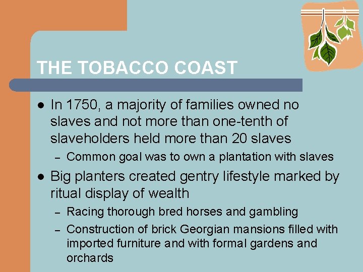 THE TOBACCO COAST l In 1750, a majority of families owned no slaves and