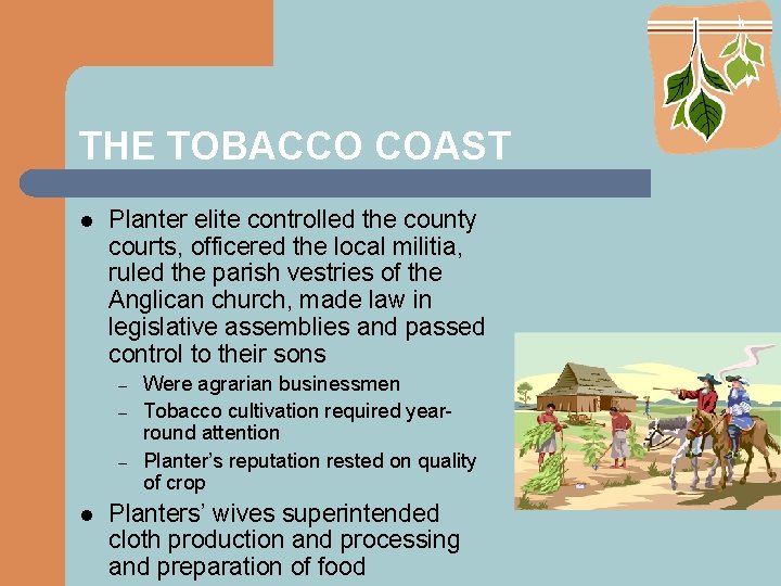 THE TOBACCO COAST l Planter elite controlled the county courts, officered the local militia,